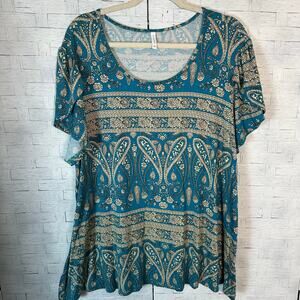 Cathy womens T-shirt pedal sleeves Paisley Buti aqua tan bohemian plus size